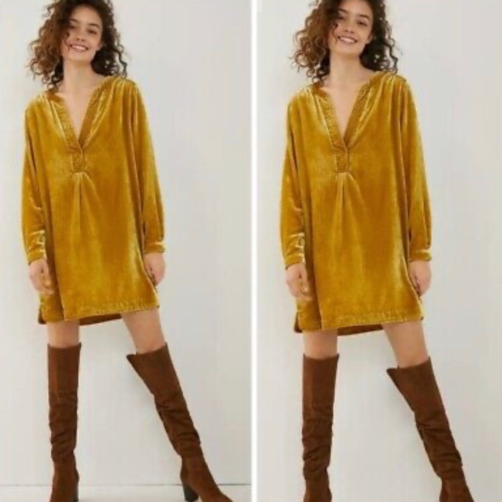NWT Anthropologie Melody Velvet Tunic Dress Golden Chartreuse